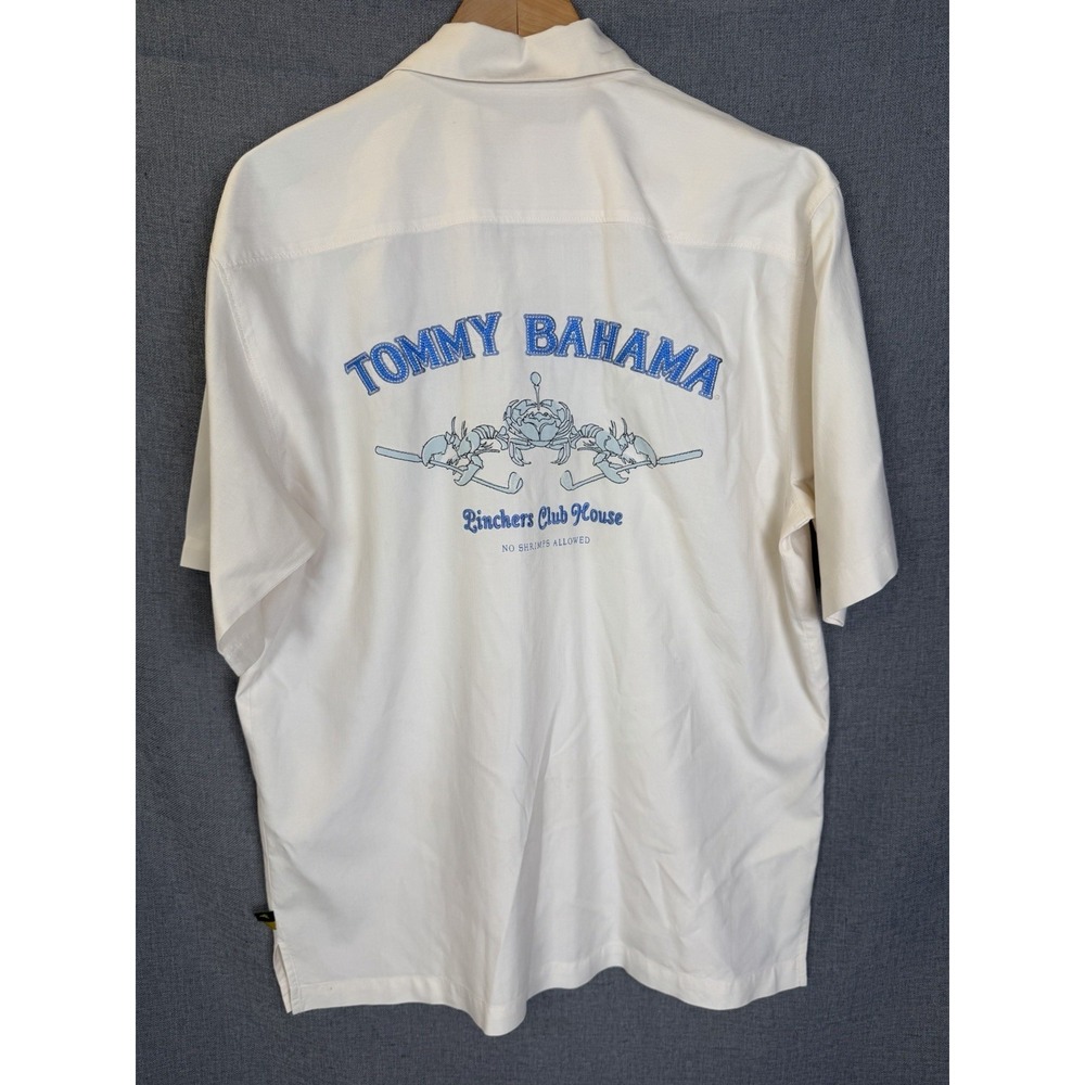 Tommy Bahama Short Sleeve Button Up Silk Shirt Mens M Beige Golf Embroidered